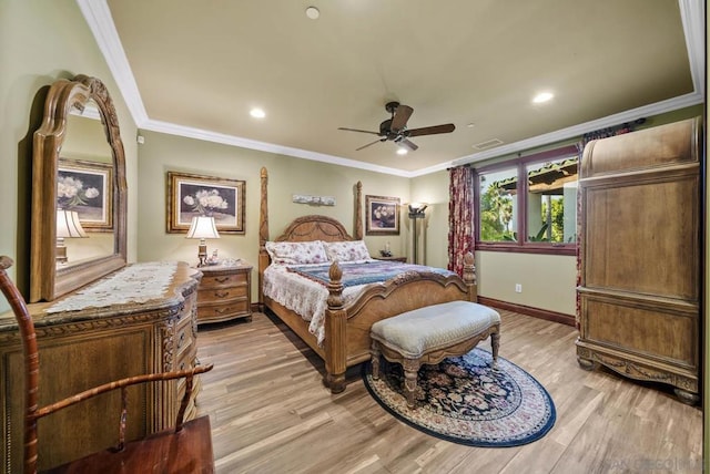 bedroom with light wood-type flooring, ceiling fan, and crown molding