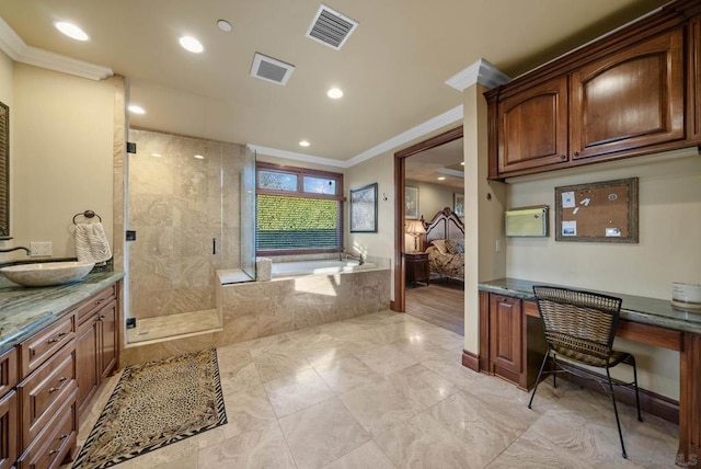 bathroom with vanity, shower with separate bathtub, and ornamental molding