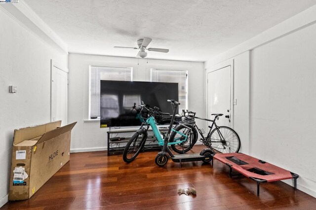 exercise area featuring a textured ceiling, dark hardwood / wood-style floors, and ceiling fan