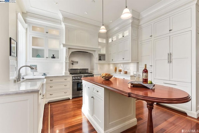 kitchen featuring stainless steel range, dark hardwood / wood-style flooring, pendant lighting, decorative backsplash, and white cabinets