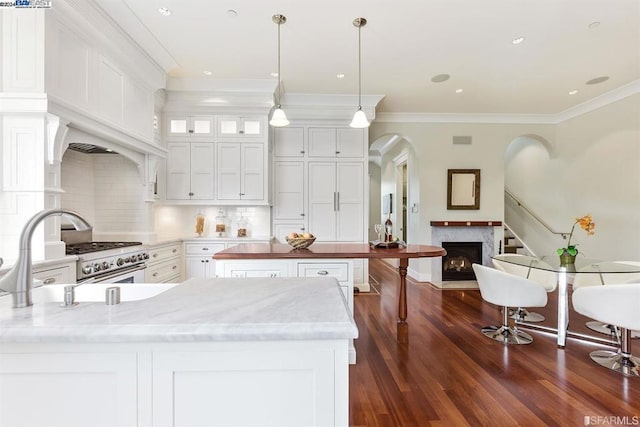 kitchen with dark wood-type flooring, hanging light fixtures, ornamental molding, light stone counters, and white cabinetry