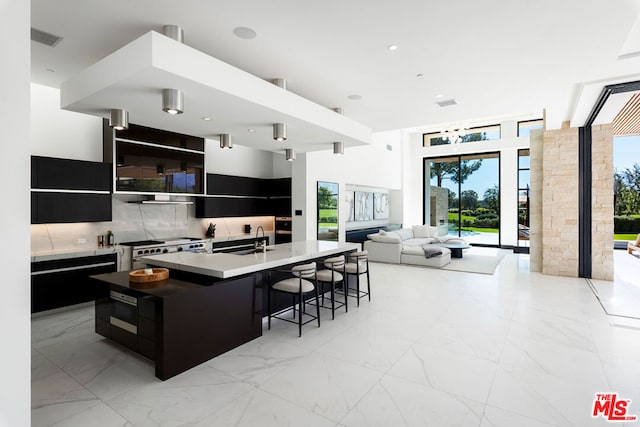 kitchen featuring a breakfast bar, a center island with sink, sink, decorative backsplash, and stainless steel appliances