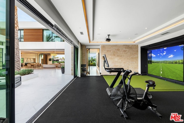 exercise area with a tray ceiling and golf simulator