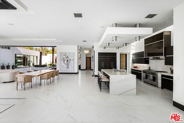 kitchen with light stone countertops, a kitchen breakfast bar, premium appliances, a kitchen island with sink, and sink