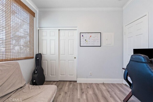 13559 Mashona Ave, Chino, CA 91710 - home office featuring light wood-style floors, ornamental molding, and baseboards