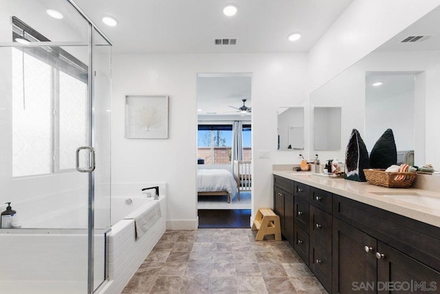 bathroom with shower with separate bathtub, vanity, and ceiling fan