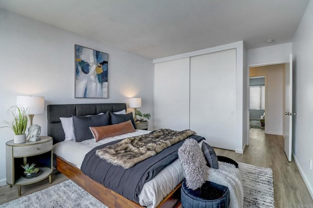 bedroom featuring wood-type flooring and a closet