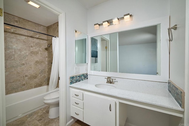 full bathroom with vanity, toilet, and shower / bathtub combination with curtain