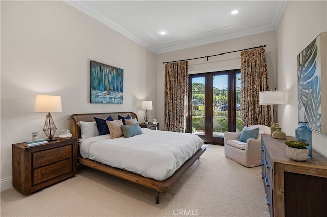 7 Shoreview, Newport Coast, CA 92657 - bedroom featuring french doors, light carpet, ornamental molding, and recessed lighting