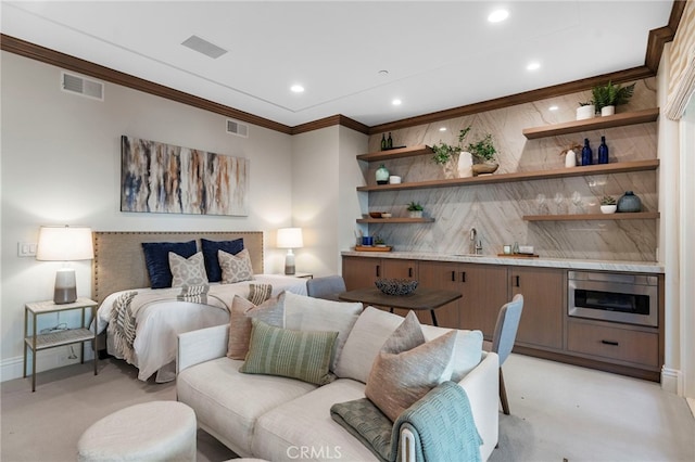 7 Shoreview, Newport Coast, CA 92657 - bedroom featuring recessed lighting, light colored carpet, and crown molding