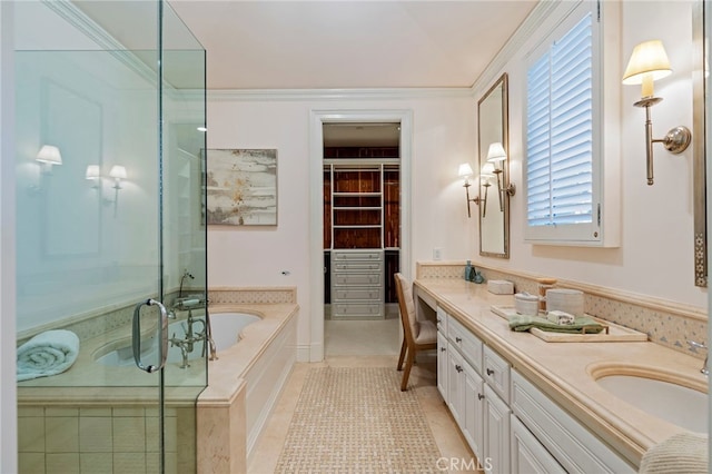 bathroom with vanity, tile patterned floors, independent shower and bath, and crown molding