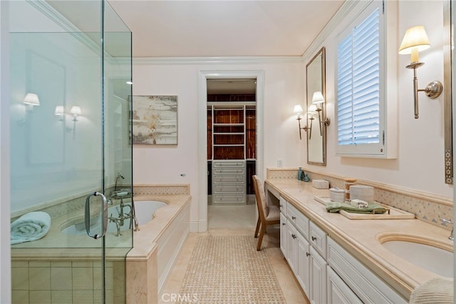 7 Shoreview, Newport Coast, CA 92657 - full bathroom featuring double vanity, a shower stall, a bath, tile patterned flooring, and ornamental molding