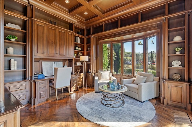 office with built in shelves, crown molding, coffered ceiling, and beam ceiling