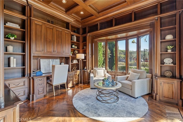 7 Shoreview, Newport Coast, CA 92657 - office area with built in desk, built in shelves, ornamental molding, coffered ceiling, and beam ceiling