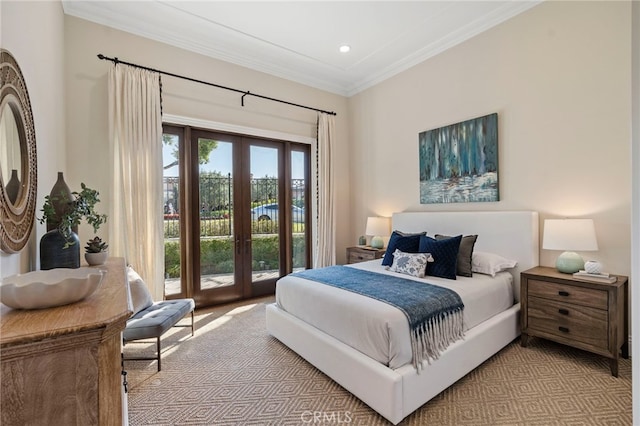 bedroom featuring french doors, access to outside, ornamental molding, and light colored carpet