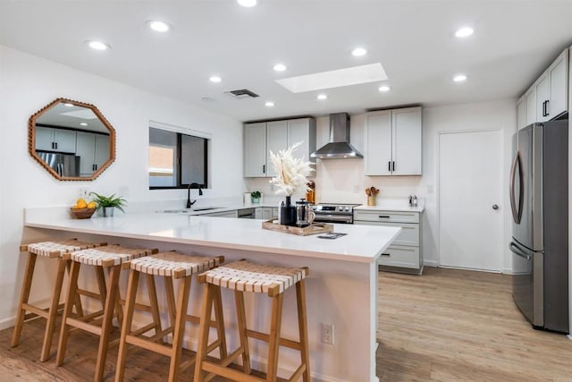 kitchen with a skylight, wall chimney exhaust hood, stainless steel appliances, a kitchen breakfast bar, and kitchen peninsula