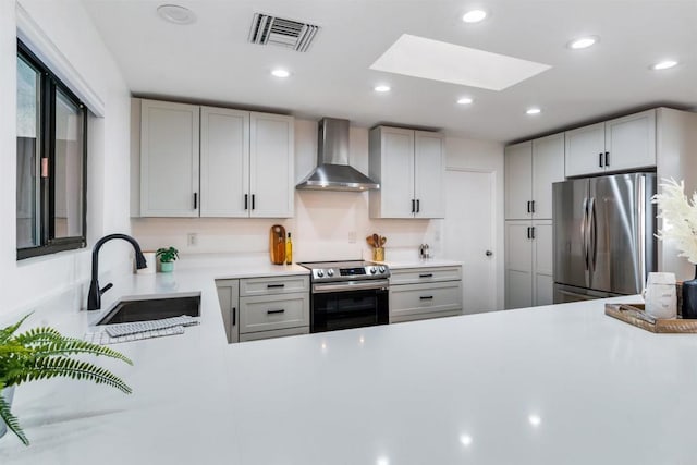 kitchen featuring gray cabinetry, wall chimney range hood, sink, a skylight, and appliances with stainless steel finishes