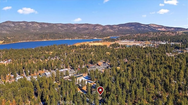drone / aerial view with a water and mountain view