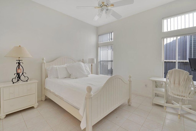 bedroom featuring ceiling fan and light tile patterned floors