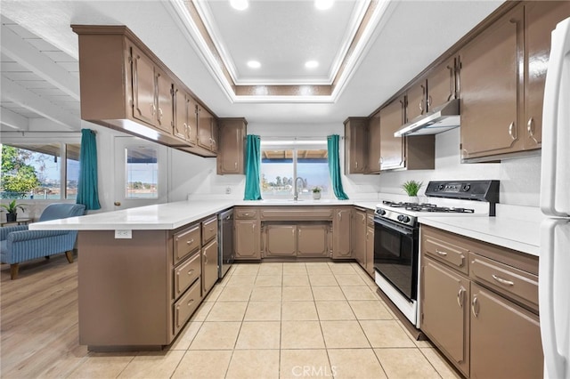 kitchen featuring a healthy amount of sunlight, white appliances, kitchen peninsula, and ornamental molding