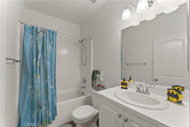 full bathroom with vanity, toilet, and shower / bath combo with shower curtain