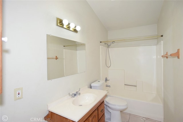 full bathroom with shower / tub combination, toilet, tile patterned floors, and vanity