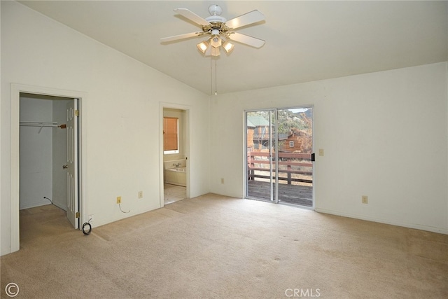 unfurnished bedroom with light carpet, a closet, access to outside, and ceiling fan