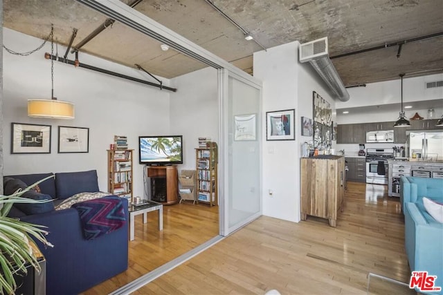 interior space featuring light hardwood / wood-style flooring, a towering ceiling, stainless steel appliances, and decorative light fixtures