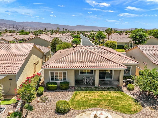 rear view of property with a mountain view, a yard, and a patio