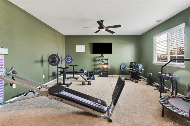 exercise area with ceiling fan and carpet floors