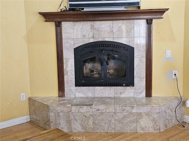 details with wood-type flooring and a fireplace