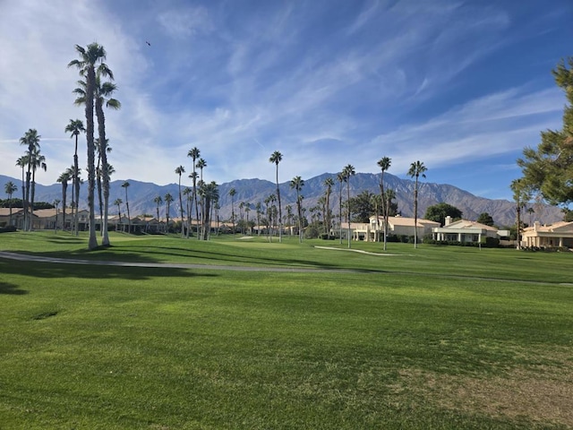 view of community with a mountain view and a yard