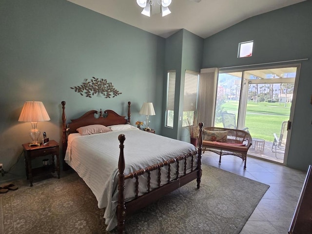 bedroom with access to exterior, tile patterned flooring, vaulted ceiling, and ceiling fan