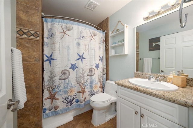 bathroom featuring tile patterned flooring, vanity, toilet, and a shower with shower curtain