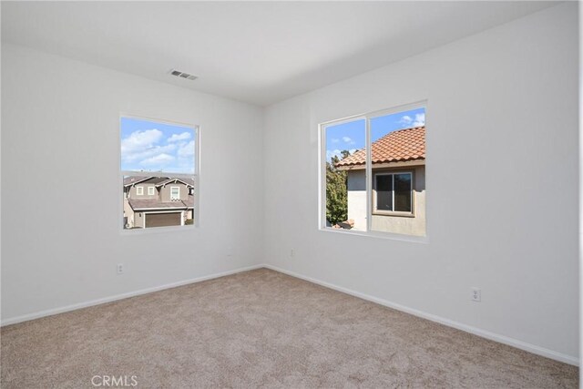 spare room featuring light carpet and plenty of natural light