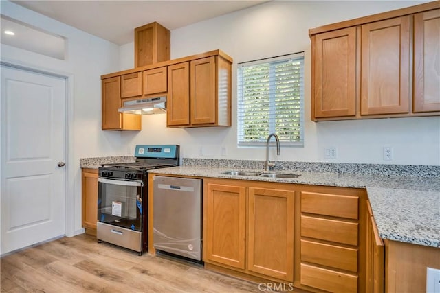 kitchen with light stone counters, light hardwood / wood-style floors, sink, and stainless steel appliances