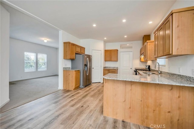 kitchen featuring light hardwood / wood-style floors, kitchen peninsula, stainless steel appliances, and a wealth of natural light