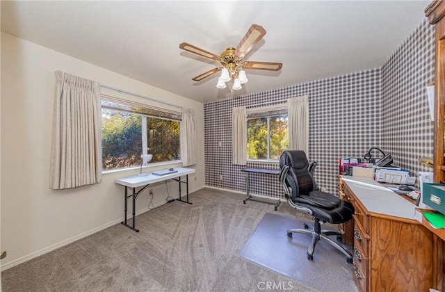 office with light colored carpet, a wealth of natural light, and ceiling fan