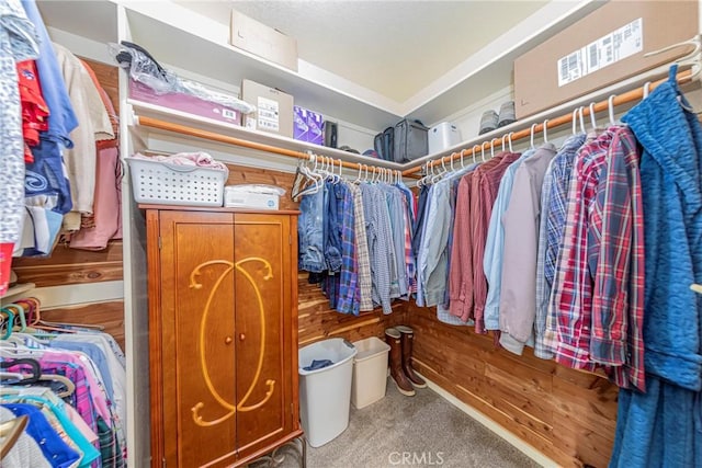 walk in closet featuring carpet floors