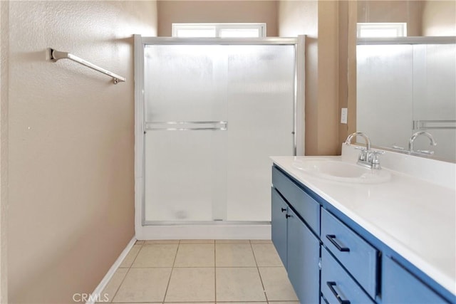 bathroom featuring tile patterned floors, an enclosed shower, and vanity