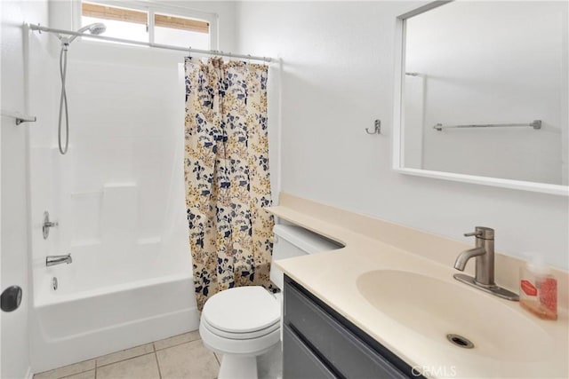 full bathroom with shower / tub combo with curtain, vanity, toilet, and tile patterned flooring