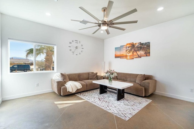 living room featuring ceiling fan