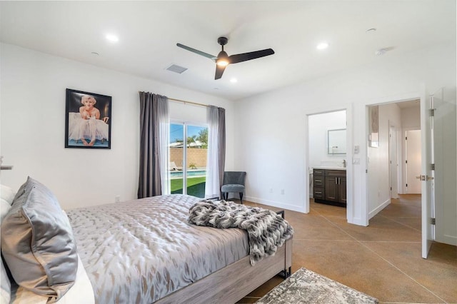 carpeted bedroom featuring ensuite bath, ceiling fan, and access to exterior