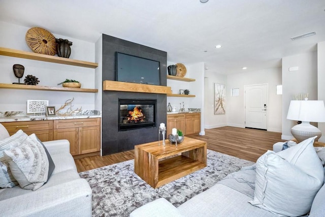 living room featuring light hardwood / wood-style floors and a fireplace