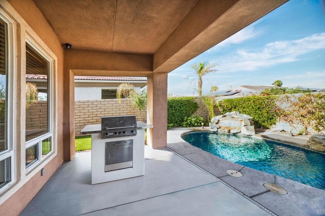 view of patio / terrace with a fenced in pool