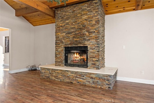 unfurnished living room with a fireplace, lofted ceiling with beams, hardwood / wood-style flooring, and wood ceiling