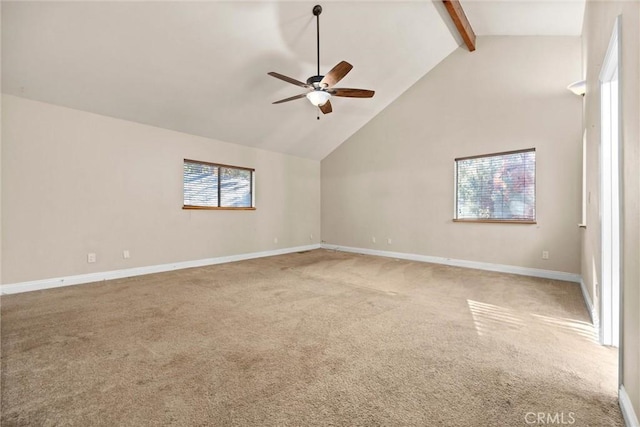 carpeted empty room featuring beamed ceiling, high vaulted ceiling, and ceiling fan