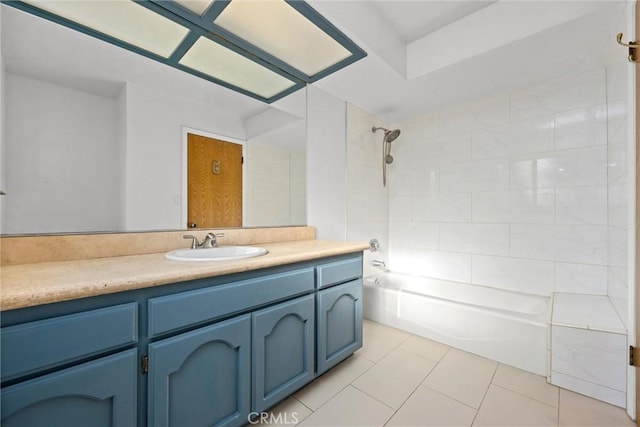 bathroom featuring tile patterned flooring, vanity, and tiled shower / bath combo