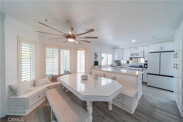 dining area with ceiling fan, light wood-type flooring, sink, and crown molding