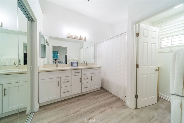 bathroom with hardwood / wood-style floors and vanity